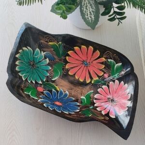 Vintage Mexican Folk Art Hand Painted Wood Floral Shallow Bowl